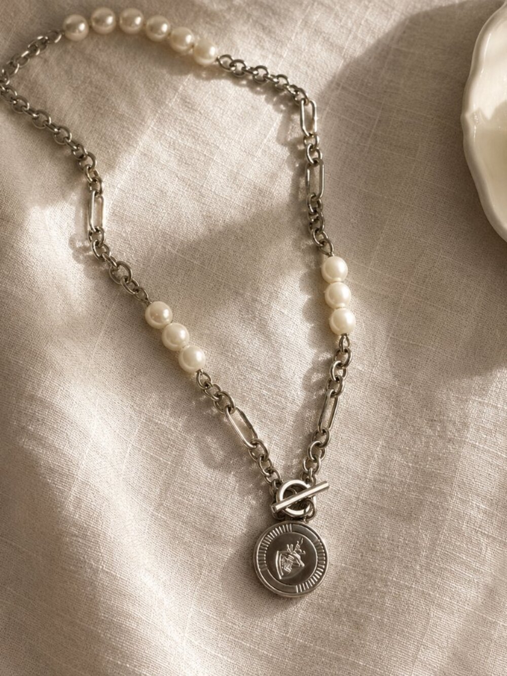 Lauren Ralph Lauren Silver Pearl Crest Toggle Necklace 16"